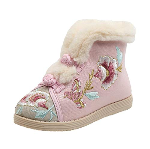 Girls Cotton Winter Warm Embroidery Flat Shoes Fur Lined Button Snow Ankle Boots(Toddler/Little Kid)