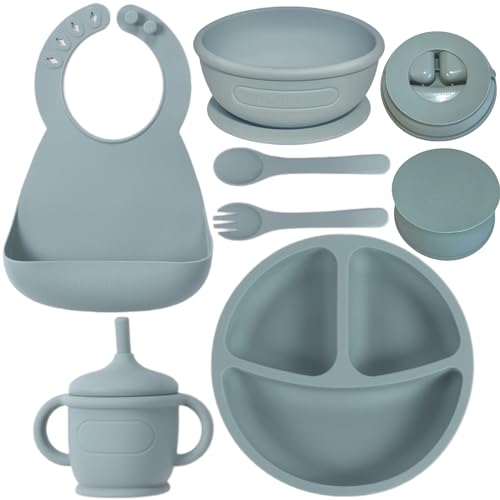 Image of HUX Baby Baby Feeding Set, Silicone, BPA Free, Grey, 1.3 pounds, 6 pieces, Microwave & Dishwasher Safe, Blw Set