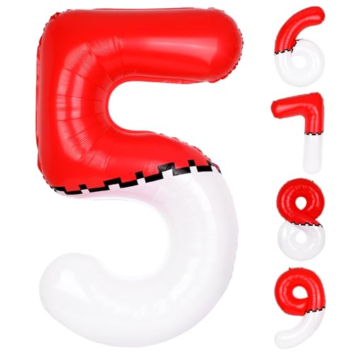 40 Inch Large Vibrant Foil Balloons for Cartoon Red and White Theme Birthday Party Decorations, Perfect Number 5 Balloon Supplies for Kids' Parties(Number 5)