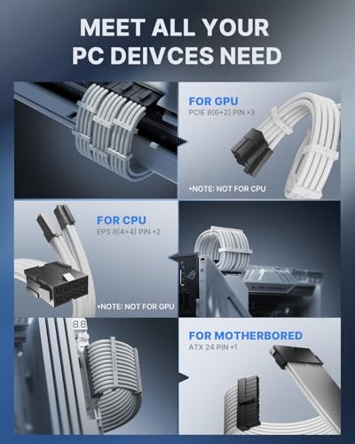 AsiaHorse 16AWG Pro Power Supply Sleeved Cable, White Power Supply Extension Cable Dual EPS Kit, 1x24-PIN/ 2x8-PORT (4+4) M/B,3x8-PORT (6+2) PCI-E, 30cm Length with 2 Set of Combs - Thumbnail 5