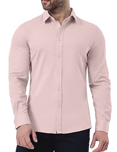 Zaful Men's Pink Cotton Dress Shirt Long Sleeve Stretch Wrinkle-Free Casual Button-Down Formal Shirts #TOP2