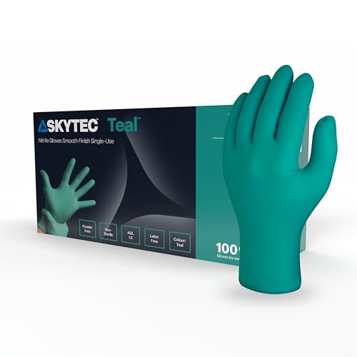 Skytec Premium Teal Nitrile Gloves - Pack of 100 Latex-Free Disposable Gloves - Non-Sterile, High Grip Surgical Gloves for Medical, Food, & Cleaning - EN 455/374 PPE Certified - Medium