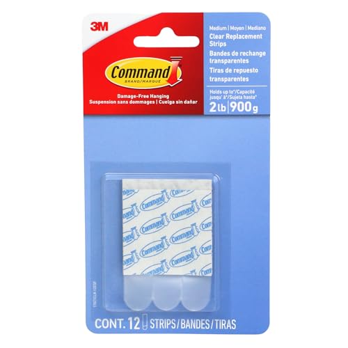Command Medium Clear Refill Strips, 12-Count Replacement Adhesive Strips for Rehanging Indoor Hooks, Damage-Free Wall Hanging, Holds up to 2 lbs, No Tools or Nails Needed (Clear Medium Hook Refills)