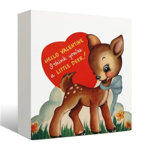Vintage Valentines Day Decor Valentines Day Wooden Sign Valentines Day Desk Decor Valentines Decorations Retro Deer Valentines Wood Box Sign 5×5