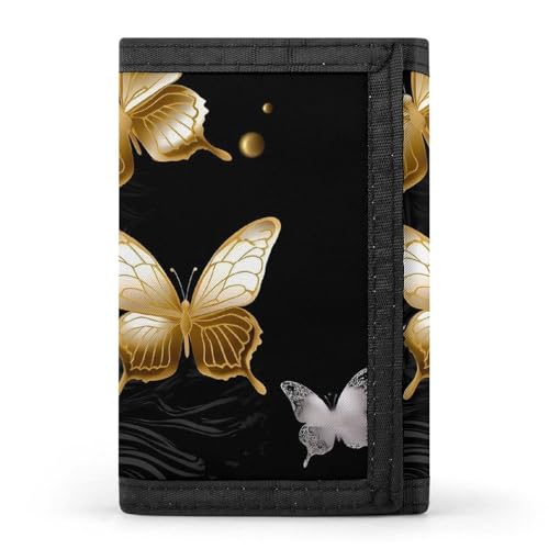 Gold White Butterflies Black Trifold Wallet, Card Cases And Money Oganizer Thin Stylish Mini Coin Bag with Zipper Coin Pocket Credit for Men And Women