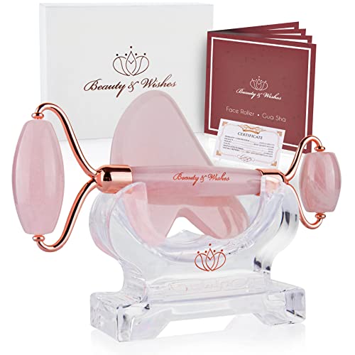 Rose Quartz Jade Roller and Gua Sha Massager kit set for Face with CounterTop Stand - Grade A - Authentic Brazilian Stone Helps Reducing Puffiness, Wrinkles, Fine Lines, Drainage and Elasticity