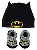DC Comics Batman Infant Boys Baby Beanie Hat and Baby Booties Socks Gift Set 0-12 Months, Black/Grey/Yellow