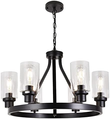 HCCZ 6-Light Farmhouse Chandelier Wagon Wheel Pendant Light Fixtures for Dining Room Living Room Island Kitchen Foyer Bedroom, Modern Black Industrial Rustic Adjustable Height Metal E26 Base