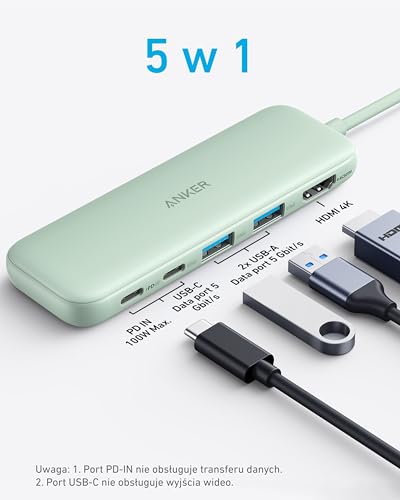 Anker Hub USB C, koncentrator USB-C 332 (5 w 1) z wyświetlaczem 4K HDMI, portem danych 5 Gb/s i 2 portami USB-A do MacBook Pro, Air, Dell XPS, Lenovo Thinkpad, laptopów HP więcej (zielony)