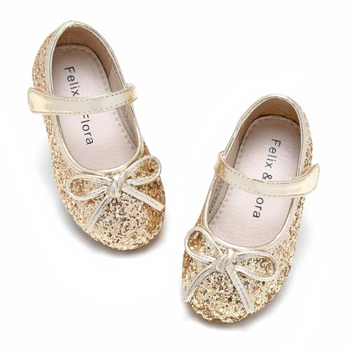 Felix & Flora Girls' Ballerina Flat Mary Jane Dress Shoes (Little/Toddler Girls Shoes/Big Kids)(4 Big Kid, Glitter Gold) by Felix & Flora - Used condition - US$26.20