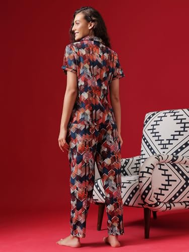 Image of Clovia Women's Cotton Printed Button Down Shirt & Pyjama Night Suit Set