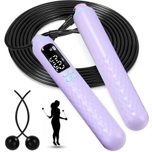 Cuerda para Saltar con Temporizador y Contador de Calorías, Cuerda para Saltar Inalámbrica, Longitud Ajustable de Entrenamiento Fitness en Casa,Oficina o Gimnasio Morado