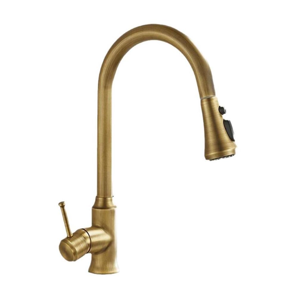 ZBBDFAZD High Arc Antique Brass Kitchen Faucet Pull Down Sprayer with 2 Modes 360° Swivel Single Lever 1 Hole Commercial Sink Mixer Tap