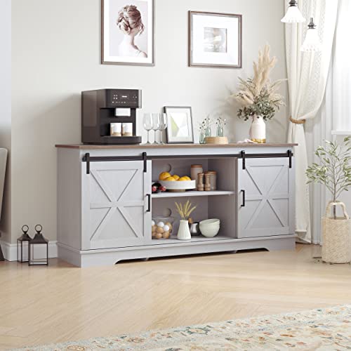 Yitahome Kitchen Buffet Cabinet, 60“ Farmhouse Sliding Barn Door Coffee Bar Sideboard Buffet Cabinet With Capacity 300 Lbs For Home Kitchen Dinning Living Room, Grey White/Grey Wash #TOP3