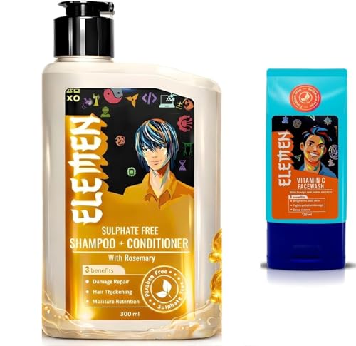 Image of Elemen 2-in-1 Shampoo + Conditioner (300ml) & Vitamin C Face Wash (120ml) - Revitalizing Hair & Skin Brightening Grooming Kit