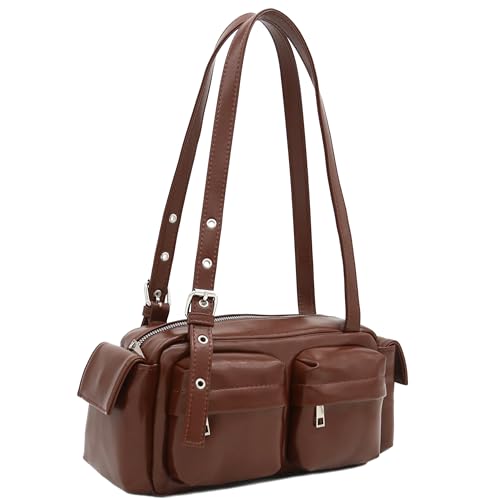 FashionPuzzle Glossy PU Leather Multi Pocket Shoulder Bag Satchel (Brown)