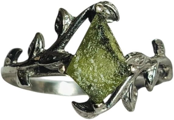 Raw Moldavite Ring, Kite Shaped Raw Moldavite, Anniversary Ring, 925 Sterling Silver, Rough Moldavite Ring, Branch Ring Twig Leaf Ring, Engagement Ring, Moldavite Jewelry