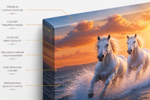Image of 7 Horse Vastu Sunrise Canvas Painting | Positive Energy Wall Decor | Big Size Premium Running Horses Artwork for Home, Office & Hall Decoration (Modern, Water Pink Horse, 44x20 Inch)