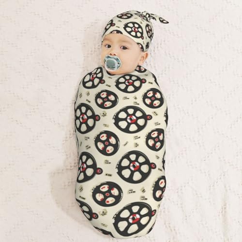 Image of Movie Reel Theme Newborn Swaddle Blankets Hat Sets Soft Baby Receiving Blanket Swaddle Sack for Baby Shower Infant Boy Girl Gift
