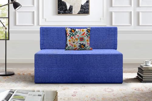 Image of Los Angeles Foldable One Seater Sofa Cum Bed, Sofa Bed 3 X 6 Feet Jute Fabric Washable Cover- Including Cushion Perfect for Living Room - Blue