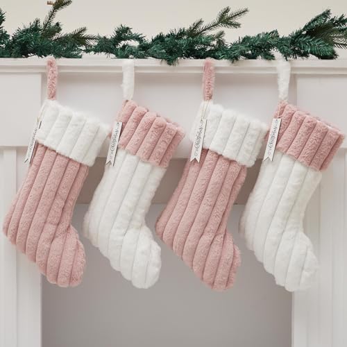 Image of 4 Pack Pink Christmas Stockings 18 Inch, Pink and White Christmas Stockings with Name Tags, White Plain Xmas Hanging Stockings for Holiday Tree Ornaments Party Decorations Indoor Women Girls