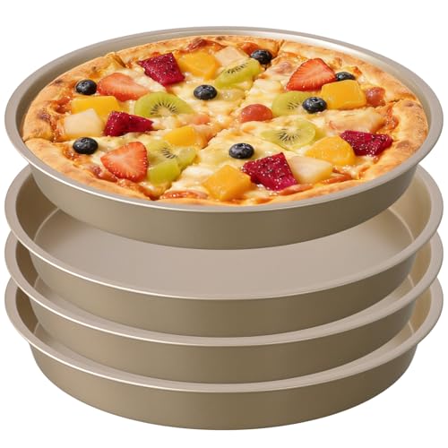 JEUIHAU 4-Piece 10-Inch Non-Stick Round Pizza Baking Tray Set, Durable Carbon Steel Deep Cake Pans for Home Kitchen, Gold