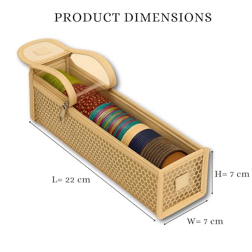 Image of Single Rod Bangle Box for Women | Removable Hardboard Chudi Organizer with Transparent Lid | Jewellery & Watch Storage Case for Home, Wedding & Travel | Beige