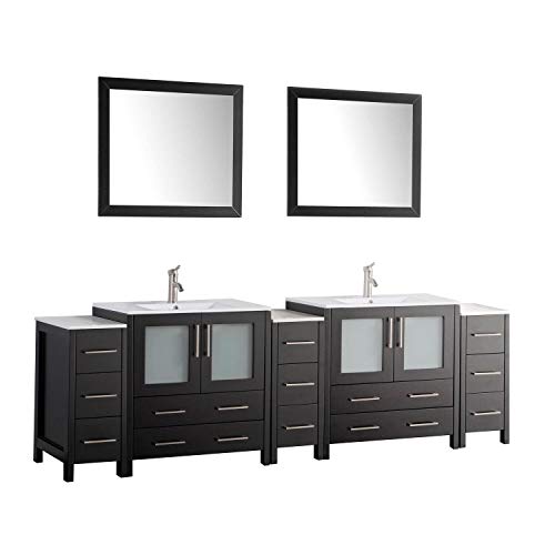 Vanity Art 96 Inch Under Mount Double Sink Bathroom Vanity Cabinet with 2 Mirrors, Ceramic Top Bathroom Cabinet Compact Set with 13 Dovetail Storage Drawers and Brushed Nickel Handles, VA3030-96-E