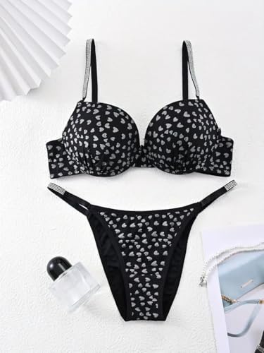 Image of ELEG & STILANCE Women's Pink Heart Print Push-Up Bra and Panty Set - Padded, Underwired, Soft Fabric, Stylish Everyday & Special Wear Lingerie