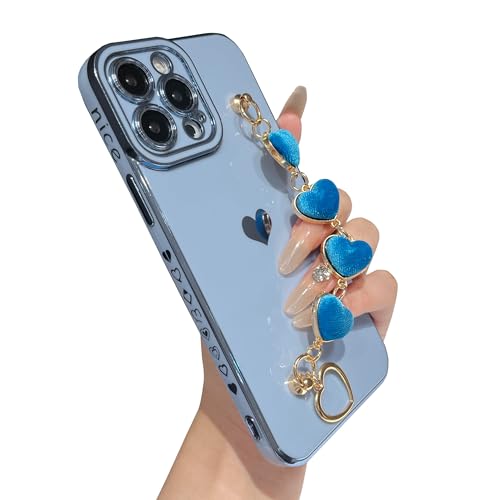 Cadeau idéal : coque iPhone 13 Pro Max bleue avec bracelet cœur