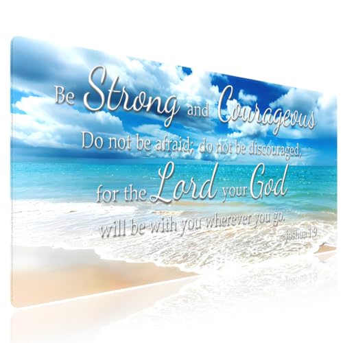 knseva. Large Gaming Mouse Pad with Stitched Edges, Be Strong and Courageous Inspirational Quote Joshua 1-9 Bible Verse Scripture & Paradise Beach at Sunny Day, Anti-Slip XXL Extended Desk Mat
