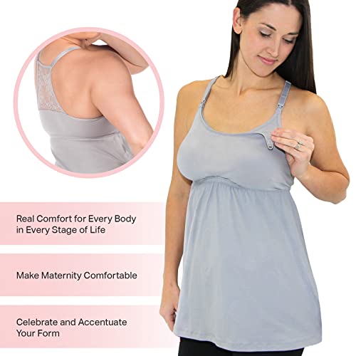 Leading Lady Women's Maternity Nursing Tank Built In Shelf Bra Lace Back, Dove Gray, Small #TOP3