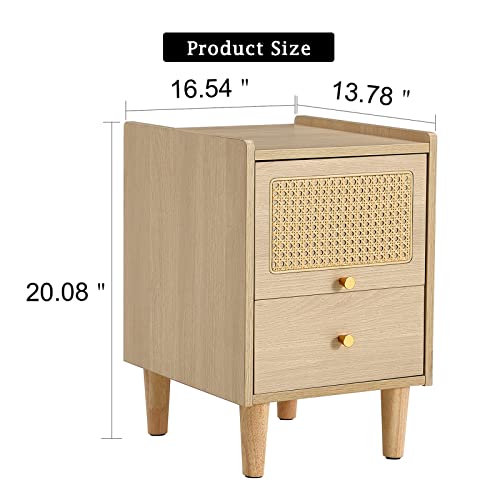 Wekity Rattan Nightstand, Modern Bedside Table With 2 Drawer & Tapered Legs, Wood End Table With Storage, Small Nightstand For Living Room Bedroom And Small Spaces, 13X16X20 Inch (Yellow) #TOP1