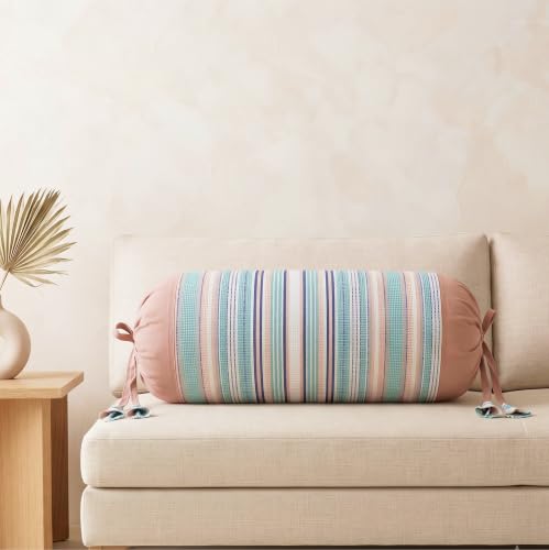 Image of SAJAVAT HOME Camel Brown with Green & White Stripes Cotton Bolster Cover for Sofa, Bed & Diwan (Pack of 1) 15x30 Inch | Soft Round Side Pillow Cover | Breathable All-Season Bolster Pillow Cover |