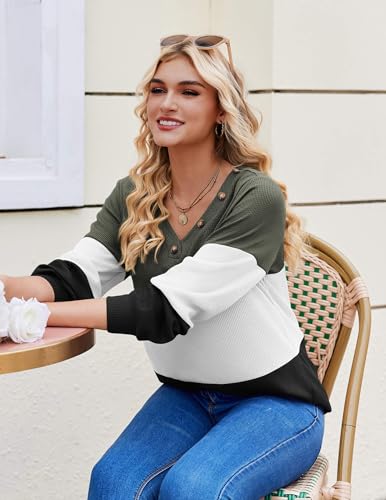 Zeagoo Women Waffle Knit Tops V Neck Long Sleeve Tunics Color Block Casual Blouse Fall Fashion 2025 Button Decor T Shirt4