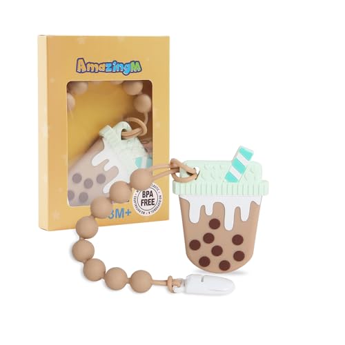 Image of Baby Food Grade Silicone Teether Toy with One Piece Design Pacifier Clip Holder,Teething Pain Relief Toys Gift Set for 3 Months+ Boys and Girls,Freezer Safe,BPA Free. (Bubble Tea)