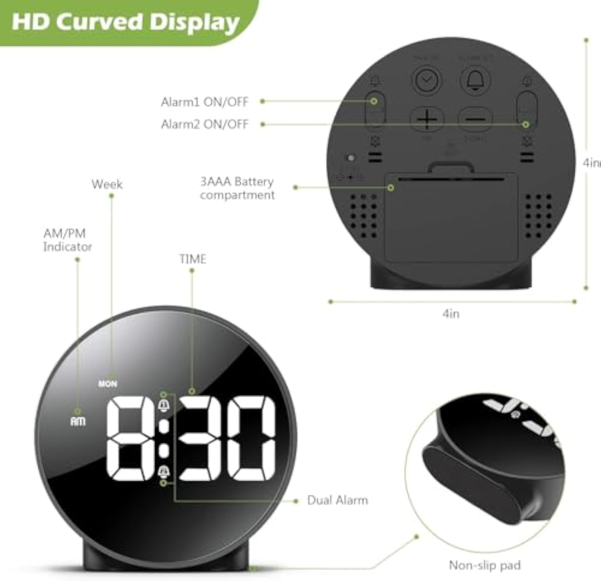 Digital Alarm Clock with HD LED Display, Dual Alarms