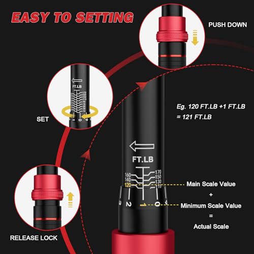 Image of VANPO 1 /2 Inch Drive Torque Wrench for Lug Nuts & Automotive, 10-170 Ft-Lb | Click Type, ±3% Accuracy,72-Tooth Dual-direction Ratchet, Dual Scale, for Tire, Car & Motorcycle Repair