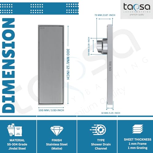 Image of Tapsa Tile Insert Floor Drain | 304 Stainless Steel | Invisible Shower Drain Channel | Shower Drain Channel |Water Drain Channel | Floor Drain with Cockroach Trap | Anti-Rust. (SS Matte, 12X4)