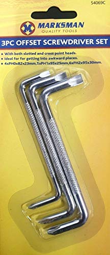 1 Pack of 3 PCS MARKSMAN Offset Screwdriver Set with Slotted & Cross Point Heads 4XPH0X82X23MM, 5XPH1X95X25MM, 6XPH2X95X30MM Ideal for Getting INTO Awkward Places