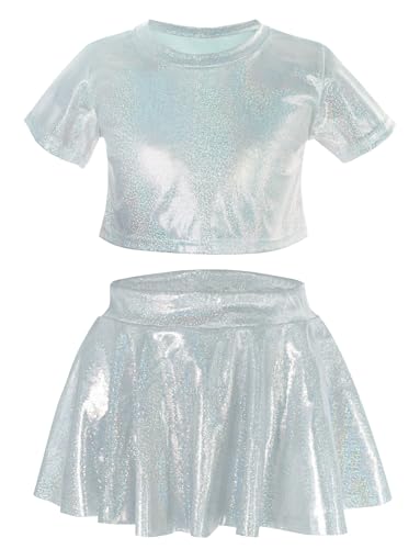 Image of Happy Cherry 2Pcs Kids Girls Shiny Metallic Short Sleeve Crop Top with Pleated Skirt Set Dancewear Performance Costumes