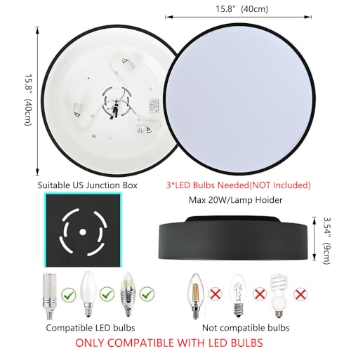 Image of 3-Light Modern Black Flush Mount Ceiling Light 15.8 Inch