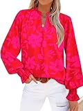 MASCOMODA Womens V Neck Floral Long Sleeve Tops 2026 Summer Casual Loose Puff Sleeve Chiffon Boho Work Blouse Dressy T Shirts(Red Big Floral,Large)