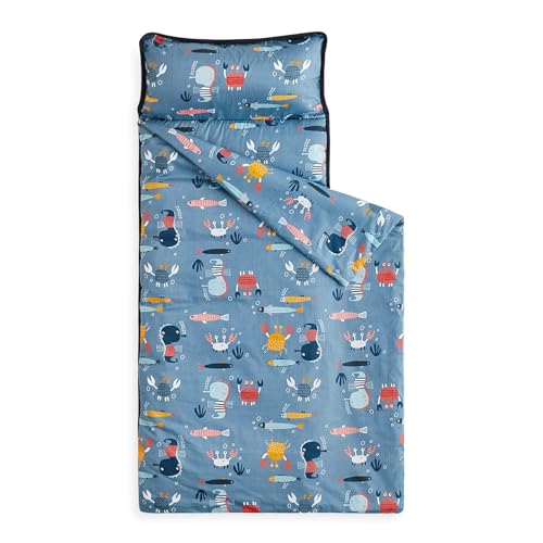 Wake In Cloud - Toddler Nap Mat with Pillow and Blanket, 100% Cotton Fabric, for Kids Boys Girls in Daycare Kindergarten Preschool, Roll Up Sleeping Bag, Blue Sea World, Extra Long