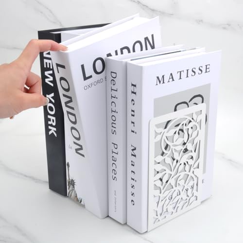 Buchstützen Set Metall Weiß – Buchstütze Buchständer rutschfeste L-förmige Buchhalter mit dekorativem Design – Bücherregal Organizer für Zuhause, Büro, Geschenk