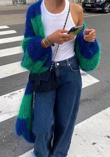 LETSVDO Women's Color Block Long Cardigan Open Front Oversized Striped Knit Slouchy Duster Chunky Sweater Coat2