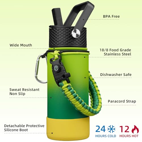 Image of BJPKPK 18oz Insulated Water Bottle with 3 Lids, Straw Lid & Handle