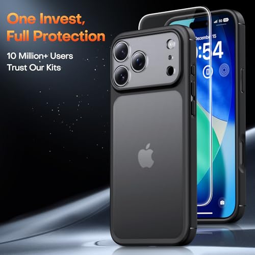 Image of TAURI for iPhone 17 Pro Case, with Screen Protector, Matte Black | Full Camera Protection, Anti-Yellowing Military-Grade Protection Shockproof Slim Phone Case for iPhone 17 Pro
