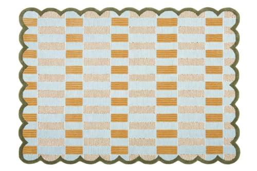 Image of Hand Tufted Checkered 100% Wool Area Rug with Scalloped Edges - 7x10 Ft | Rectangular Light Blue Base, Mustard and Beige Blocks, Olive Green Scalloped Edge, Cotton Backing 10 -15 mm Plush Pile Carpet
