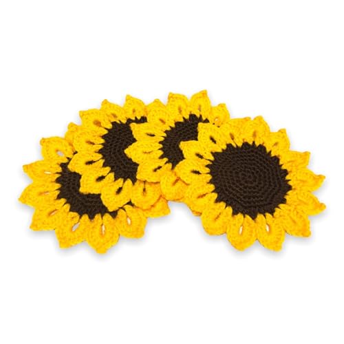 Crochet Sunflower Coaster Set (4) - Handmade Acrylic Yarn Coasters